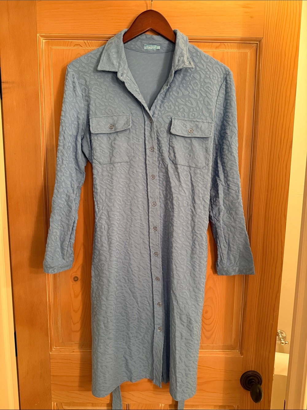 Sky Blue Long-Sleeve Shirt Dress with Waist Tie